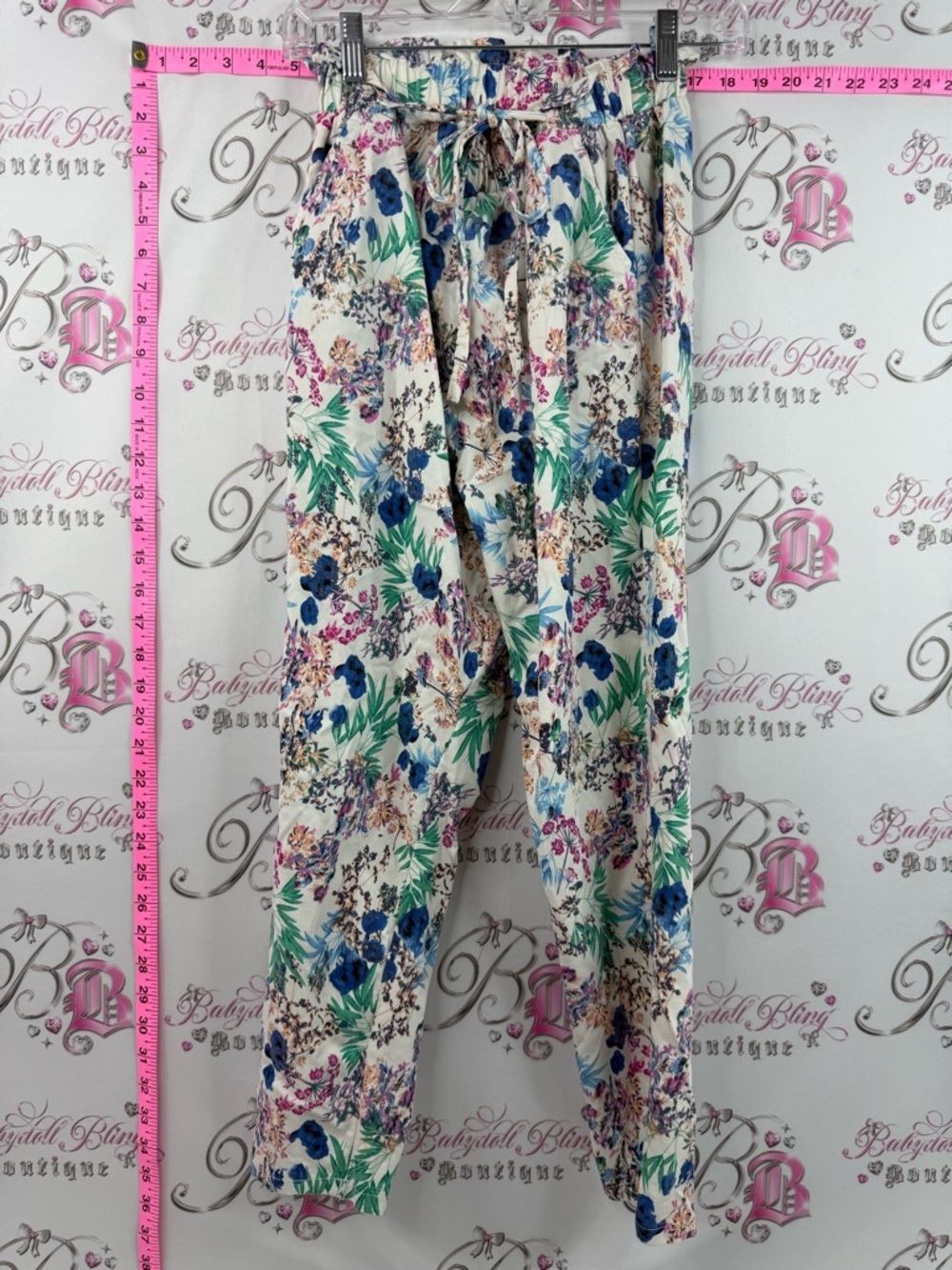 cellia Drawstring Pants jogger Leg Floral - Cream with Blue & Green Floral